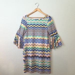 Trina Turk Blue Geometric Print Bell Sleeve Shift Dress